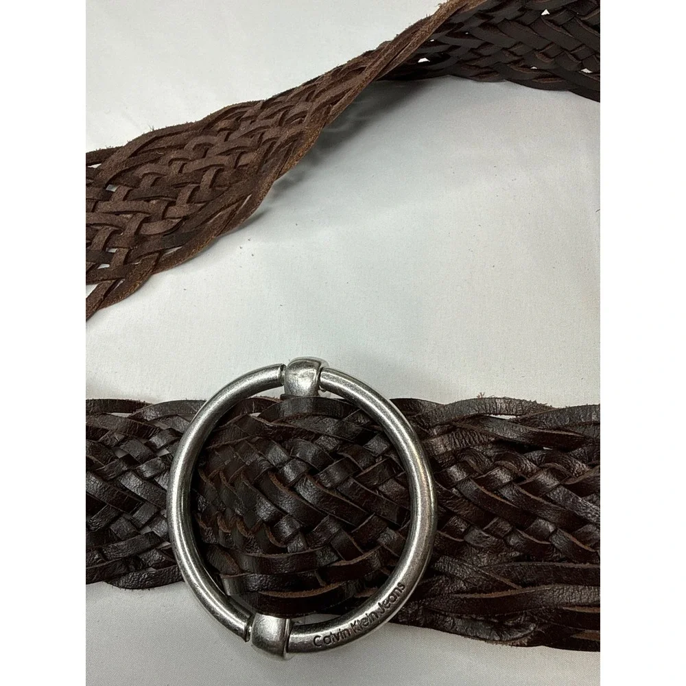 Calvin Klein Jeans Brown Braided Leather Belt Silver O-Ring Buckle Small 4249282